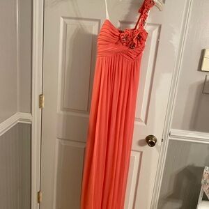 Jodi Kristopher Coral One-Shoulder Maxi Dress with Floral Accent